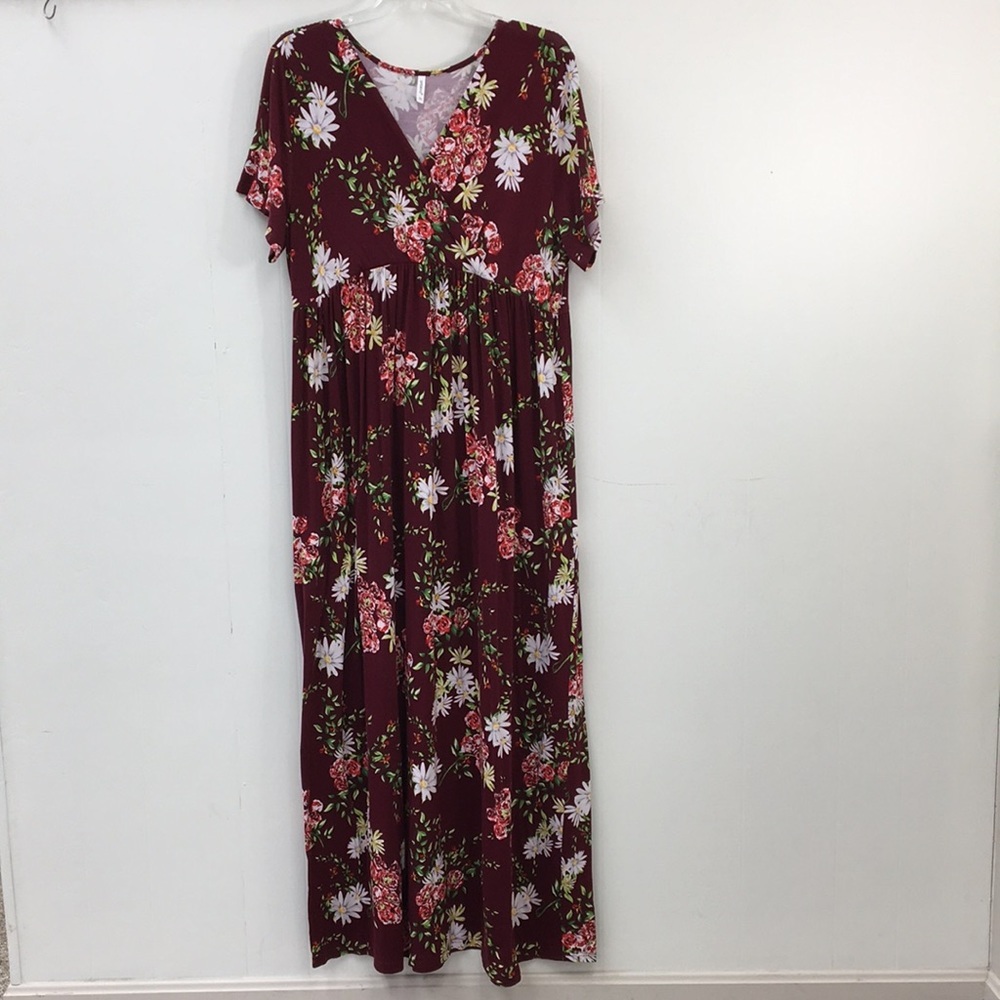 Xpenyo Maternity Short Sleeve Burgundy Floral Maxi Dress Size 2XL GOOD